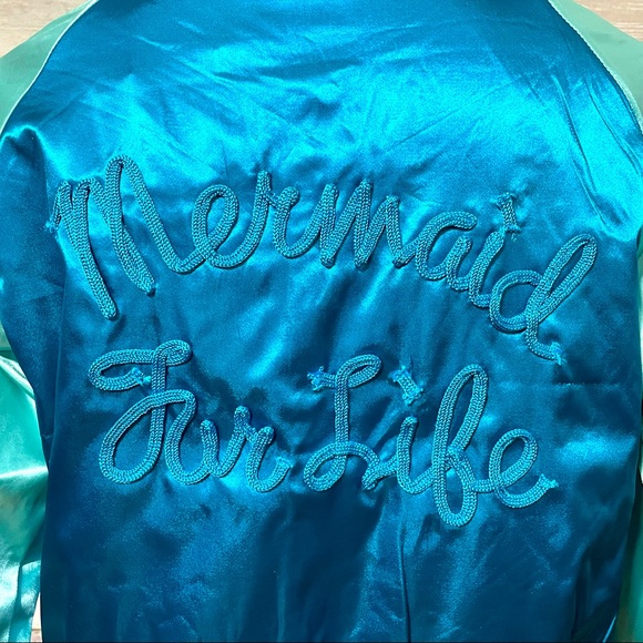 IRON FIST Mermaid For Life teal & aqua embroidered satin bomber jacket NWT - Picture 4 of 9